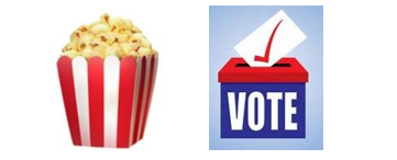 Popcorn in a red and white striped container next to a ballot box with a check-marked paper and the word "VOTE.