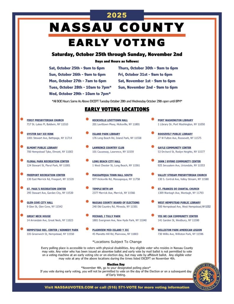 2025 Nassau County Early Voting flyer listing dates, hours, and early voting locations with addresses and phone numbers, plus official seal at the bottom right.