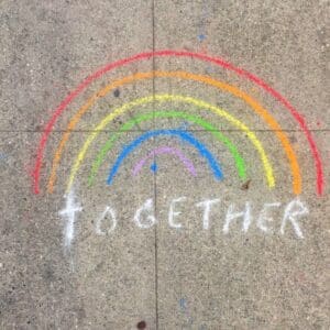 chalk-rainbow with the word Together at the bottom of the rainbow